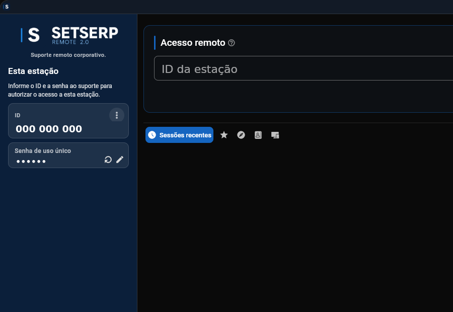 Interface real do aplicativo SETSERP REMOTE 2.0, com ID e senha mascarados